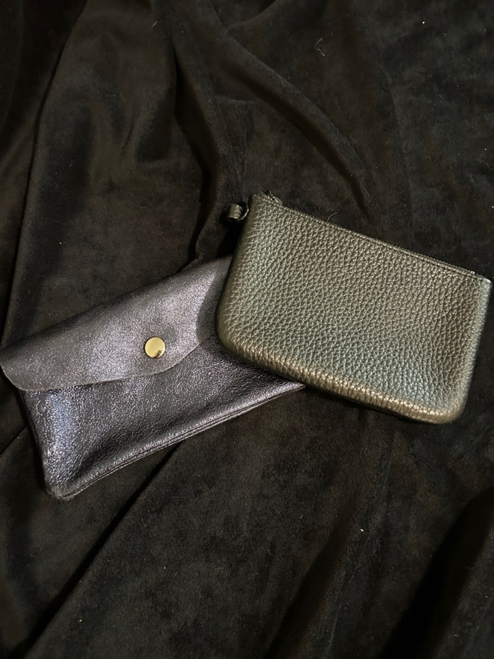 Black Leather Zipper Pouch & metallic Navy blue Snap Envelope set.